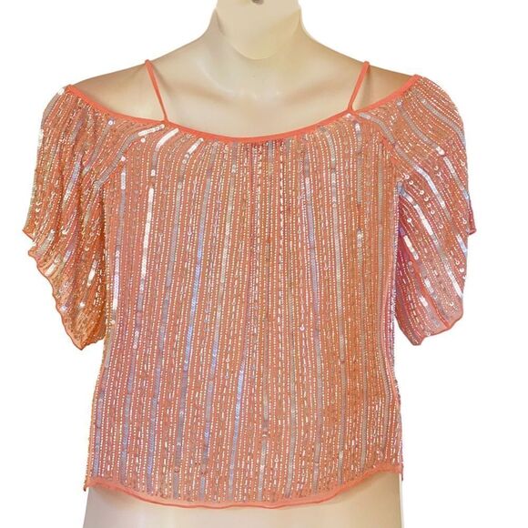 Parker Border Cold Shoulder Beads Sequins Embellished Marmalade Blouse Sz XS - Picture 6 of 8